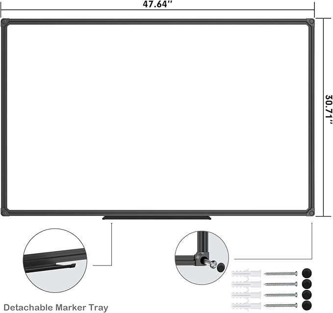 JILoffice Magnetic Whiteboard/White Board, Dry Erase Board 48 x 31 Inch, Black Aluminum Frame Wall Mounted Board for Office Home and School
