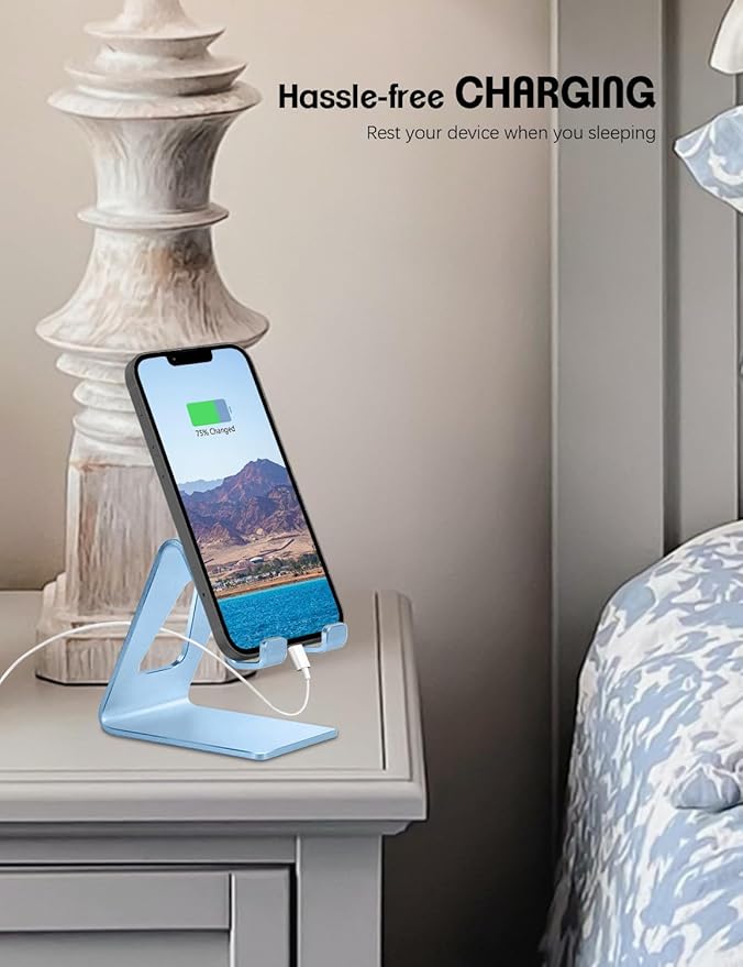 Aoviho Desk Cell Phone Stand - Aluminum Phone Holder Cradle Dock for iPhone 17 16 15 13 12 Pro Max 6s Plus SE 5 5s Samsung Galaxy S10 S9 S8 S7 Note 9 8 and All 4-10 Inch Smartphones - Sky Blue