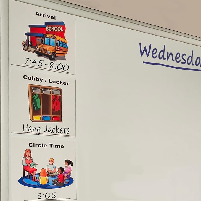 SchKIDules 48-Pc Large Classroom Visual Schedule Laminated Cards Set | 4.75" PreCut Dry Erase Friendly Icons | Pocket Chart & Daily Wall Calendar | Teacher Supplies & Classroom Management