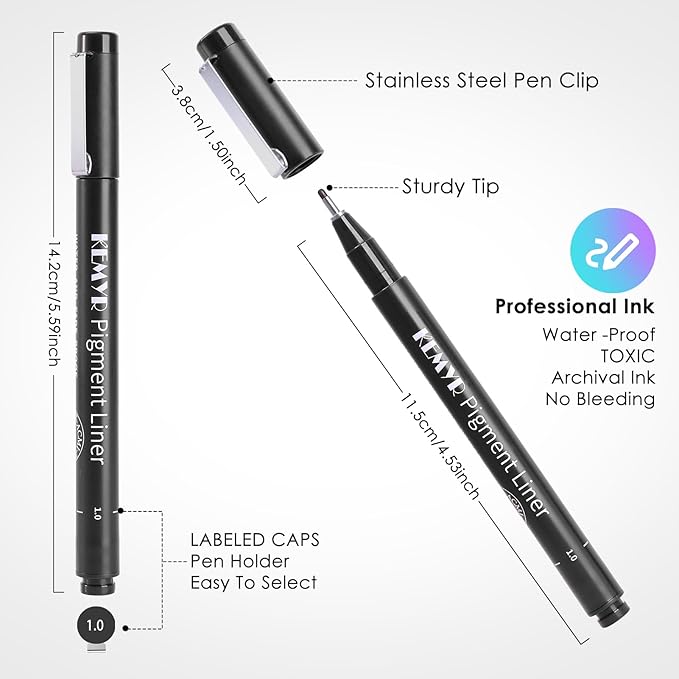 KEMYR 4 Micro Fine liner Drawing Art Pens Calligraphy Pens: 1.0mm Size Black Art supplies Waterproof Archival Black Ink Markers For Artists,Use for Professional Watercolor,Sketching