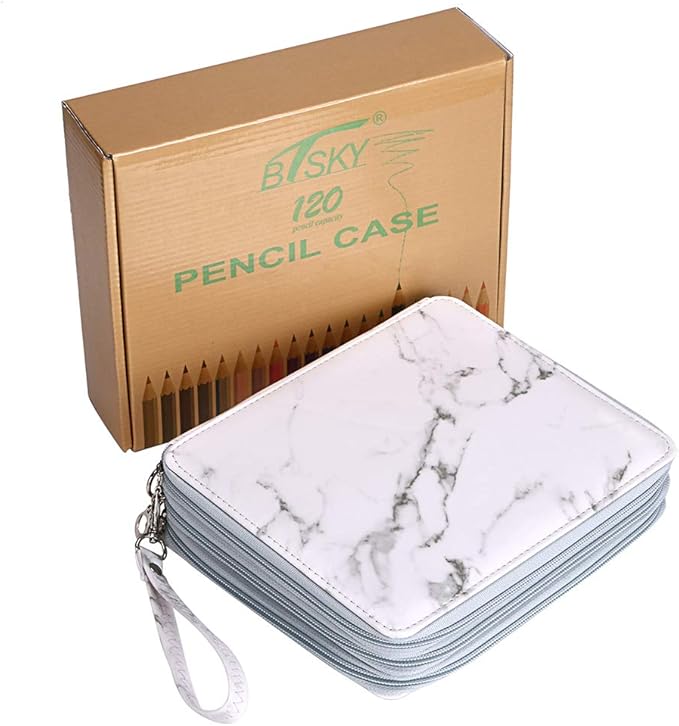 BTSKY Deluxe PU Leather Pencil Case For Colored Pencils - 120 Slot Pencil Holder with Handle Strap Handy Colored Pencil Box Large(White Marble)