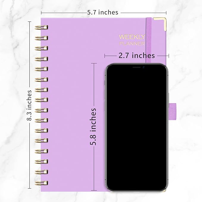 RETTACY Undated Planner, Weekly and Monthly, 53 Weeks and 12 Months, Medium Size (5.7" x 8.3"), 24 Self-adhesive Monthly Tabs, Hardcover, 100 GSM Thick Paper, Spiral-bound (Lilac)