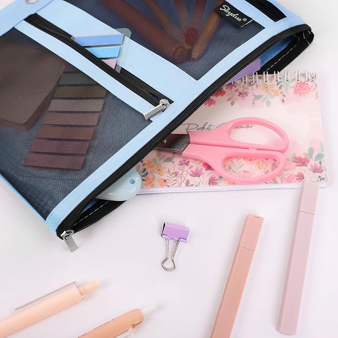 SKYDUE Pencil Pouch for 3 Ring Binder, 3 Pockets and Mesh Window | Zipper Pencil Pouch Pencil Bag with 3 Reinforced Grommets, Durable Organizer for School Supplies, Cables, Earbuds, Makeup