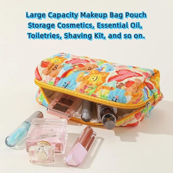 Cute Mini Quilted Makeup Bag for Women Travel Cosmetic Bags Lightweight Coquette Aesthetic Floral Toiletry Organizer Case (Green Leaf)