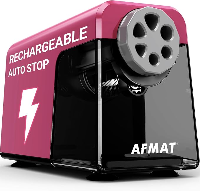 AFMAT 6-Hole Electric Pencil Sharpener for Classroom, Cordless & Rechargeable, Heavy Duty Pencil Sharpeners for 6-11mm Colored Pencils, Auto Stop, Super Fast, 10,000+ Sharpenings, Battery Powered PSD1