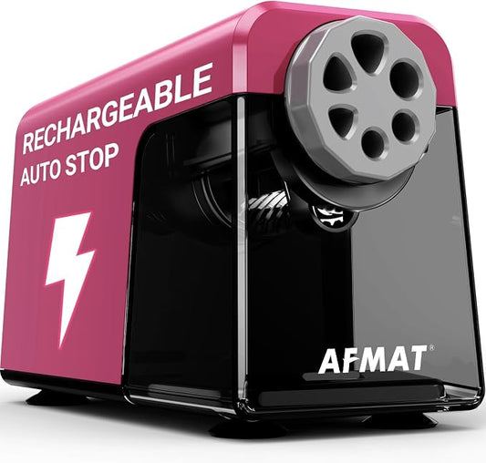 AFMAT 6-Hole Electric Pencil Sharpener for Classroom, Cordless & Rechargeable, Heavy Duty Pencil Sharpeners for 6-11mm Colored Pencils, Auto Stop, Super Fast, 10,000+ Sharpenings, Battery Powered PSD1
