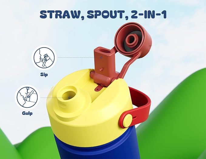 12 oz Insulated Water Bottle for Kids: 2-in-1 Straw Spout Lid, Spill-proof, BPA-Free, Easy Clean, Keep Cold 24H, Cute Patterns, Stainless Steel Cup for School, Travel, Holiday Gift (Blazing X)