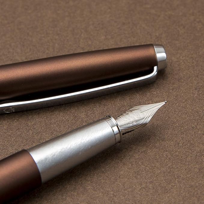 HongDian 525 Brown Metal Fountain Pen, Extra Fine Nib Classic Pen Includes Metal Pen Case and Refillable Converter