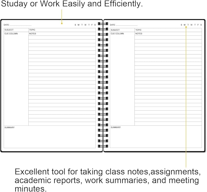 Yaridar A4 Cornell Notes Notebook - Spiral Cornell Notebooks for Note Taking, Subject College Ruled Notebook Steno Pads for Office/School/College/Home, 8.5" x 11", Black