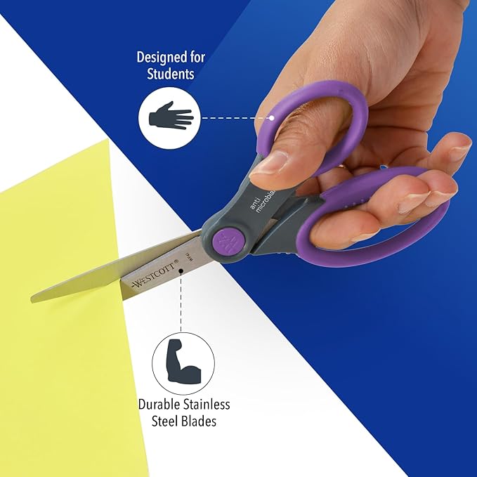 Westcott 12-Pack 6” Kids Scissors Scissors for Students Ages 8+, for School and Craft Projects, Back to School Supplies for Big Kids, Soft-Touch Handles in Assorted Colors.