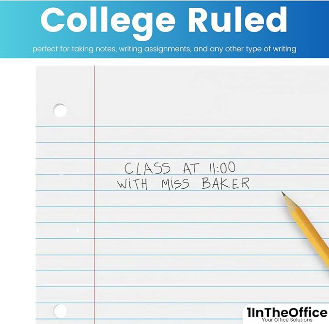 1InTheOffice Loose Leaf Paper College Ruled, Notebook Paper College Ruled, Lined Filler Paper, 3-Hole Punched, 8.5" x 11", Letter Size, 600 Pack