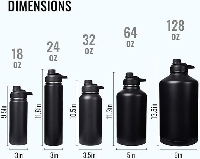 Fijinhom Insulated Water Bottle with Handle, 304 Stainless Steel Water Bottles with Wide Mouth, Double Wall Vacuum Sports Water Bottle, BPA Free, Keep Cold and Hot, 32 Ounces Black