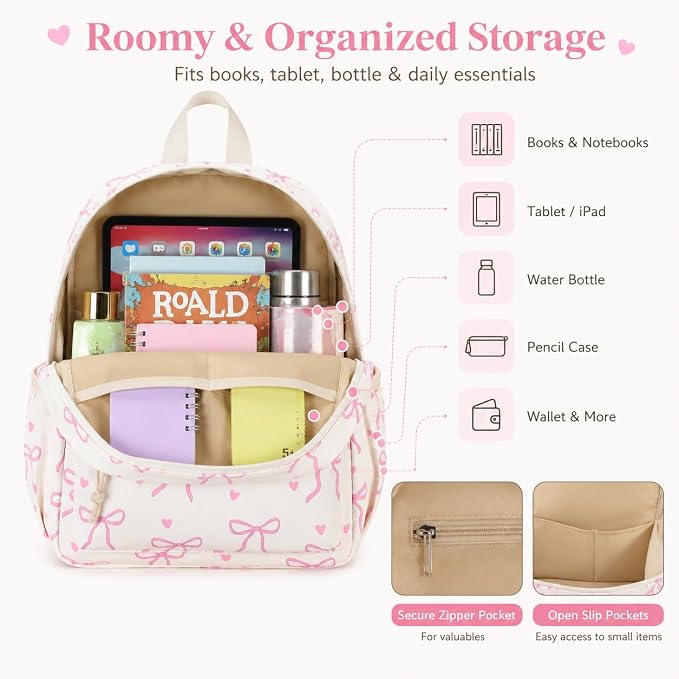 LOIDOU Toddler Backpack for Girls School Bookbags for Preschool Kindergarten Cute Backpacks (Mini Bow tie Beige, S-12)