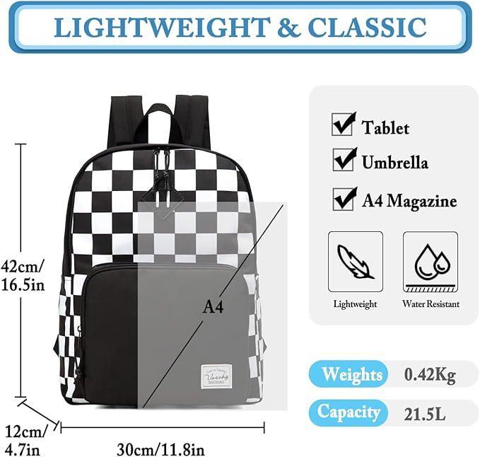 VASCHY School Backpack, Lightweight Travel Backpack for Men Women Schoolbag Bookbag for Kids Teen Boys Girls Black White Plaid Checker