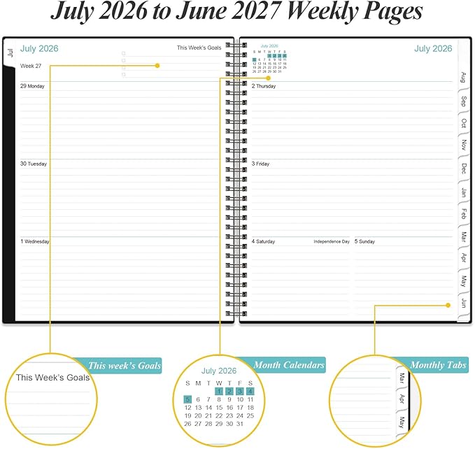 2026-2027 Planner - Planner 2026-2027 from July 2026 to June 2027 with 12 Monthly Tabs, Flexible Cover, Inner Pocket, 8.5" x 11", Black