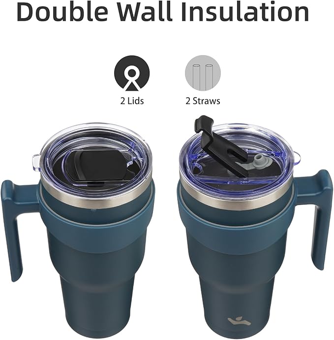 Konokyo 30 oz Tumbler with Handle and 2 Straw 2 Lid, Insulated Water Bottle Stainless Steel Vacuum Cup Reusable Travel Mug, Navy Blue