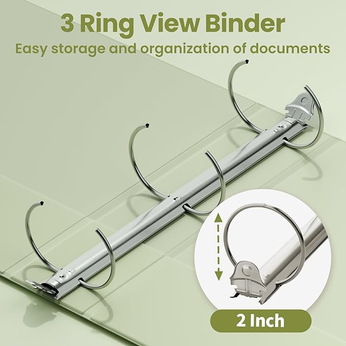 SUNEE 3 Ring Binder 2 Inch 2 Pack, Clear View Three Ring PVC-Free (Fit 8.5x11 Inches) for School or Office Supplies, Sage Green