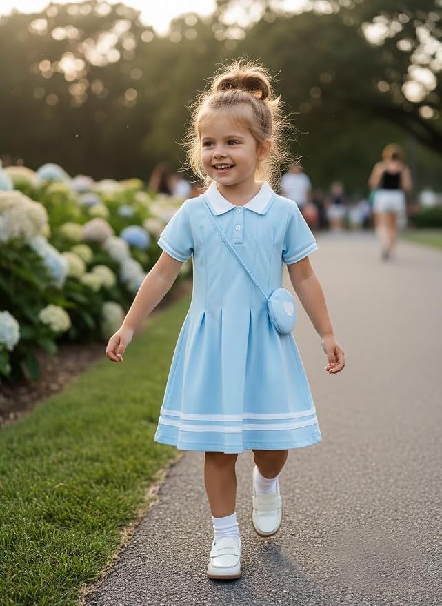 Renotemy Infant Baby Girl Dress Toddler Girls Summer Clothes School Outfits Cotton Short Sleeve Polo Dresses with Bag 12M-5T