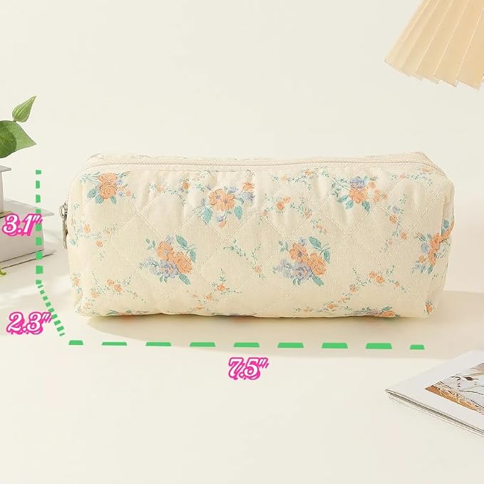 Cute Mini Quilted Makeup Bag for Women Travel Cosmetic Bags Lightweight Coquette Aesthetic Floral Toiletry Organizer Case (Floral#02)