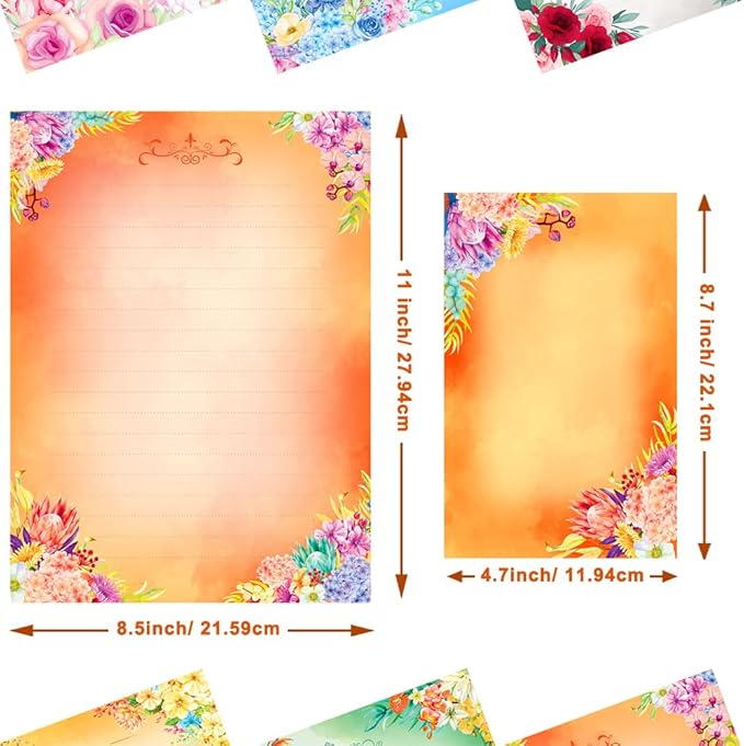 Anzon Mories 60 Pieces Cute Stationary Writing Paper and Envelope Set (2 Sides Colored, 1 Side Lined) 30 Sheets, 30 Pcs Envelopes, Kawaii Letter Stationery 8.5 x 11 In Floral Decoration Ruled
