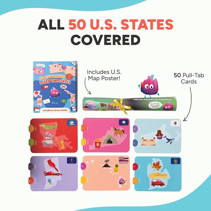 Kidrox Flashcards: Learn the 50 U.S. States – Pull-Tab Geography Game for Kids Ages 6+ | State Maps, Flags & Capitals | Includes U.S. Map Poster