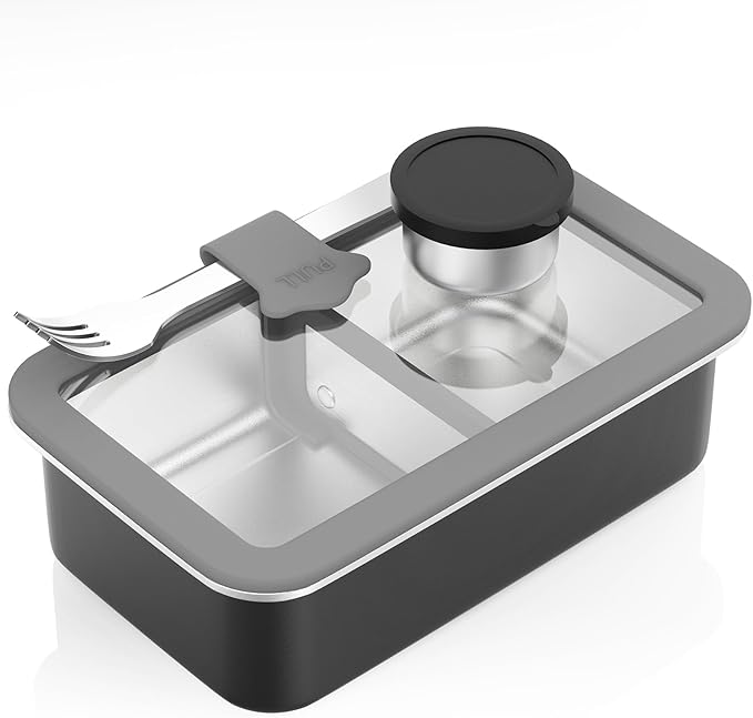 Bakpoco Stainless Steel Bento Box for Adult, 42oz Leak-Proof Lunch Box Containers with Adjustable Divider, Microwave-Safe, Metal Lunchbox with Glass Lid for Work Travel, Black