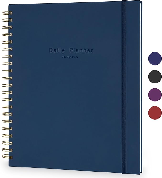 AuroPlanner Undated Daily Planner To Do List Hourly Schedule 2027 2026 2025 Calendar & Holiday Habit Tracker 180 Pages Letter Size 8.5" x 11" Sheets Hardcover Spiral Bound Notebook (Navy Blue)