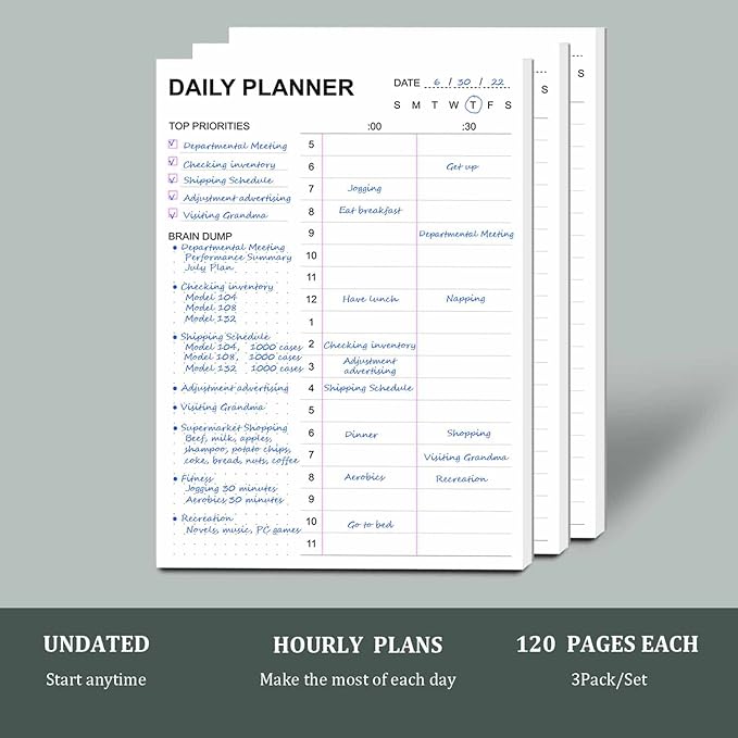 Tiankool To Do List Notepad 3Pack/Set,Daily To Do List with Priorities, Brain Dump, Hourly Scheduler and Notes,Daily Planner Notepad for Work, Study, 60 Tear Off Sheets Planning Pad, 7x10 Inch