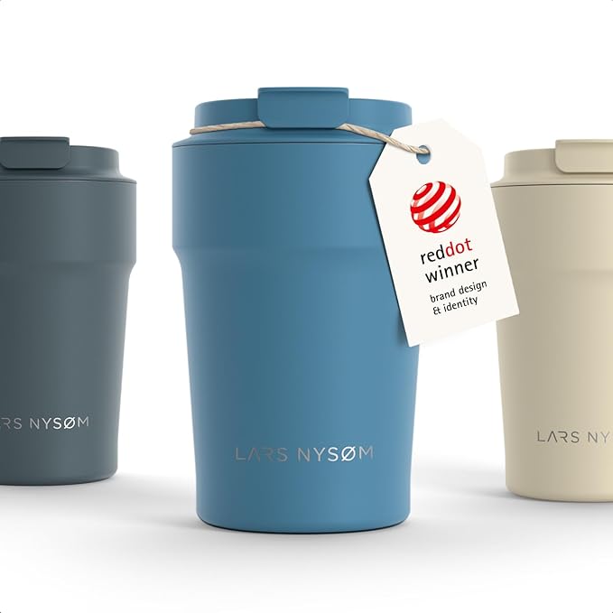 LARS NYSØM Thermo Coffee Mug to go 13oz | Travel Mug 0.38 Liter with Insulation | Silicone grip base | Leak Proof Stainless Steel Tumbler for Coffee and Tea on the Go (Powder Calypso Blue, 13oz)
