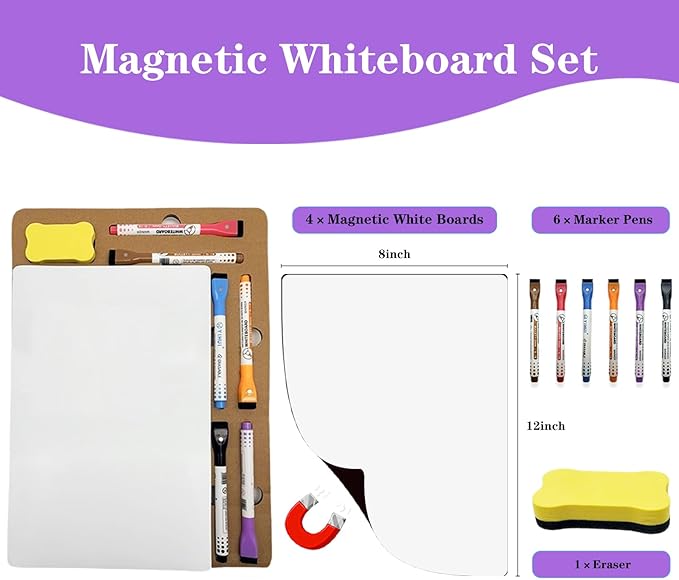 Magnetic Whiteboard for Fridge White Board 12"X8" 4 Pack Magnetic Dry Erase Board with 6 Markers & 1 Eraser Home Kitchen Blank Notepad Small Whiteboard for Organizer and Planner