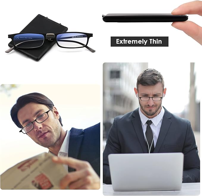 SKYOAK Evolved Folding Reading Glasses For Women Men Blue Light Blocking Anti UV Eyestrain Foldable Portable Compact Readers with Flat Hard Case Pocket Computer glasses 2.0 BLACK