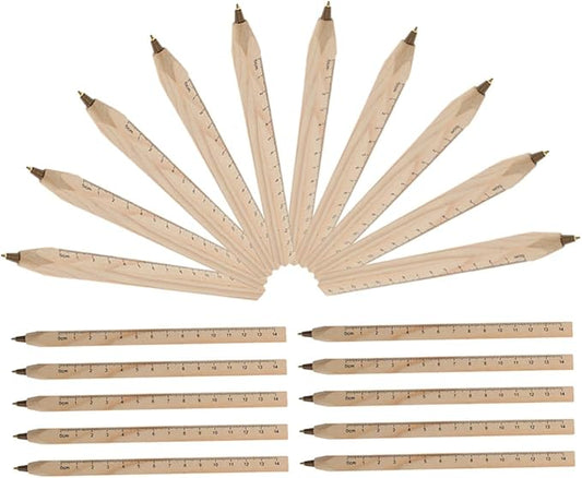 Abaodam Natural Biodegradable Solid Wood Ballpoint Pens with Ruler Printing, Black Carpenter Marker Signature Pen Set 20pcs for Construction and Woodwork