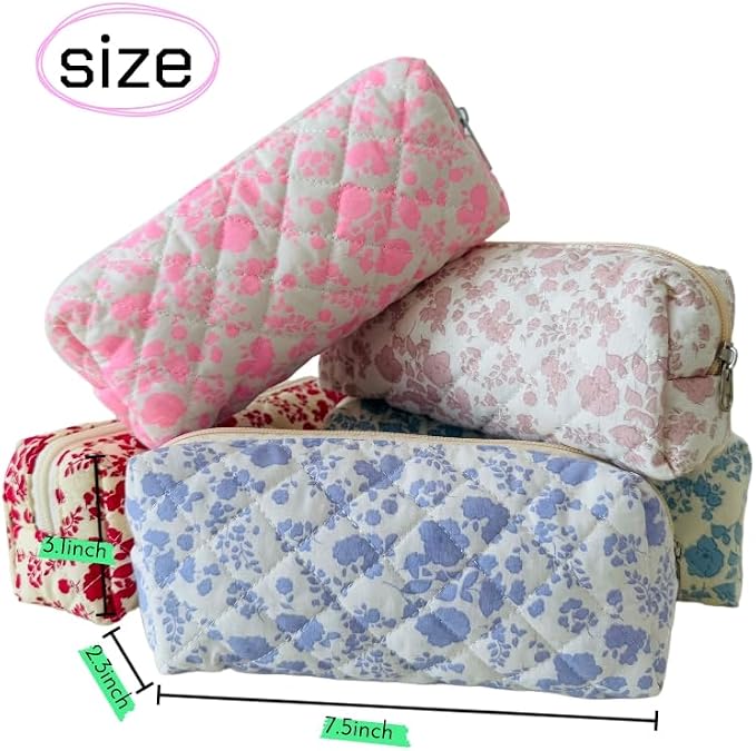 Cute Mini Quilted Makeup Bag for Women Travel Cosmetic Bags Lightweight Coquette Aesthetic Floral Toiletry Organizer Case (O-Purple)