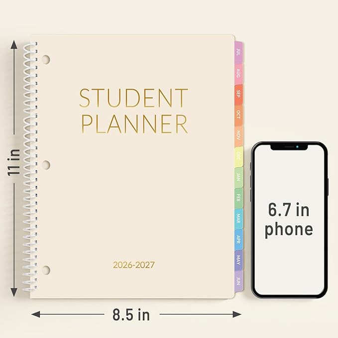 Student Planner 2026-2027, SUNEE Academic Weekly & Monthly Plan Book, Jul. 2026 - Jun. 2027, 8.5"×11" School Planner, Lesson Plan Book with Week's Goals, Bookmark, Monthly Tabs, 3-Hole Punched, Beige