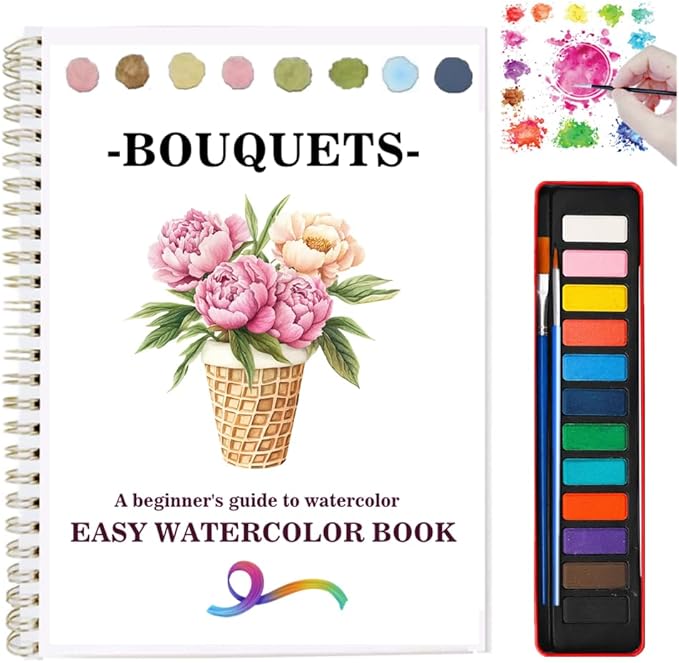 Watercolor Workbooks Coloring Book Beginner Friendly Painting Kit Easy Nature Scenes Paint Set Art Crafts for Creative Exploration Gift for Adults (Bouquets, with Palette)