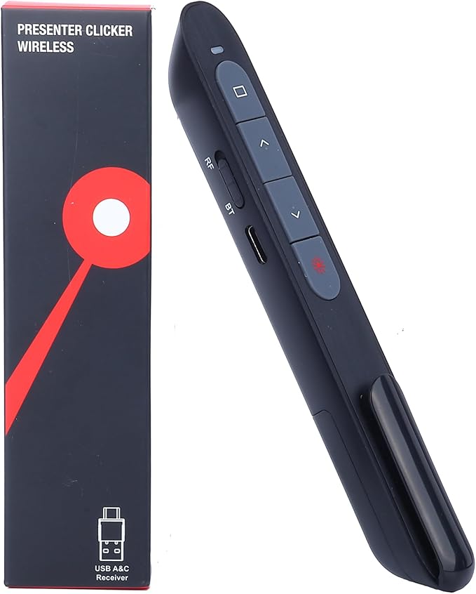 Wireless Presenter with Red Light, 2.4G USB & Bluetooth Presentation Clicker, Rechargeable via Type-C, 165ft Range, Compatible with PowerPoint/Keynote for Windows/Mac/Linux/Android (Black)