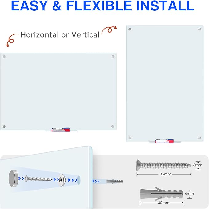 maxtek Magnetic Glass Dry Erase White Board, 48" x 32" Frameless Glass Board for Wall Mounted, Includes 6 Magnets, 3 Markers and 1 Eraser for Classroom Home, Office Supplies (White)