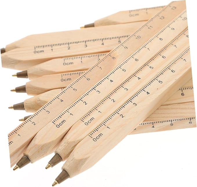 ARTIBETTER 6pcs Black Ballpoint Ink Wood Pens with Ruler Printing, Natural Biodegradable Solid Wood Carpenter Pens for Industrial Drawing and Office Use
