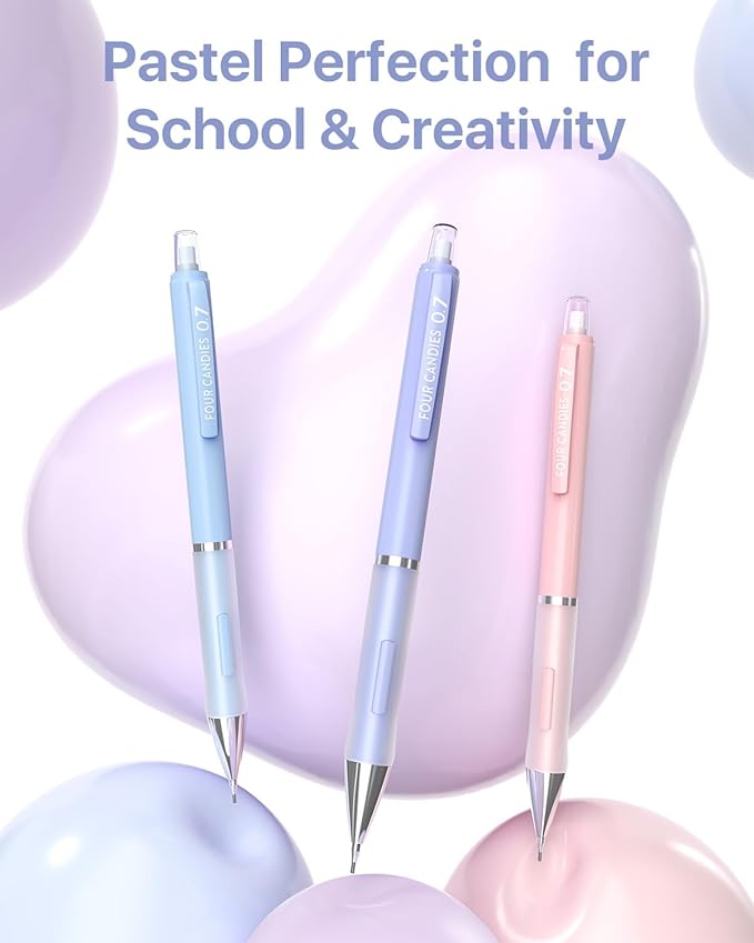 Four Candies 6PCS Cute Mechanical Pencil Set, 0.5mm 0.7mm 0.9mm with 360PCS Lead Refills, Pastel Erasers & Case, Kawaii Aesthetic School Supplies for Versatile Sketching and Student Note-Taking