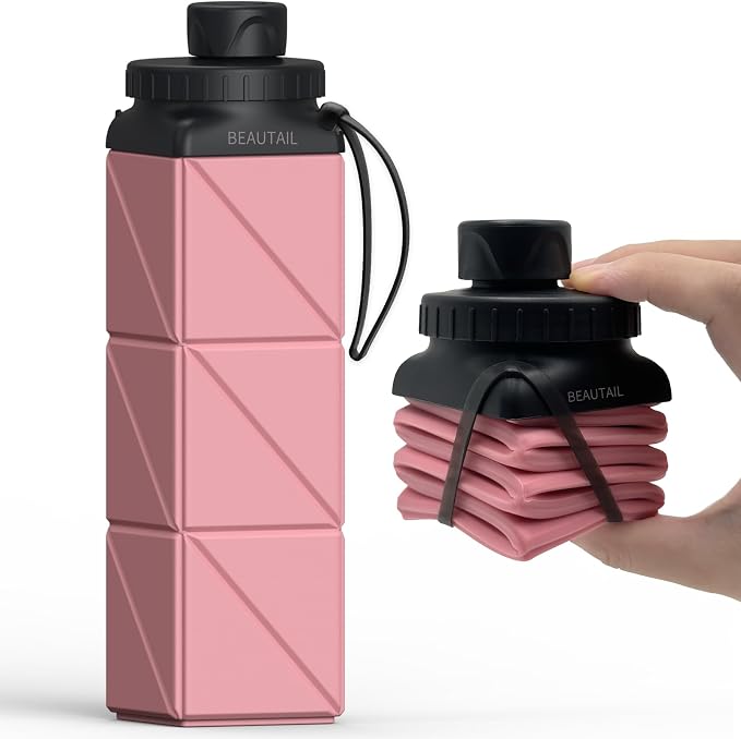 BEAUTAIL Collapsible Water Bottles 21 oz, Silicone Portable Water Bottle | BPA Free, Leakproof & Reusable, Foldable Water Bottle for Travel, Hiking, Camping, Cycling, School, Gym, 1-Pack, Pink