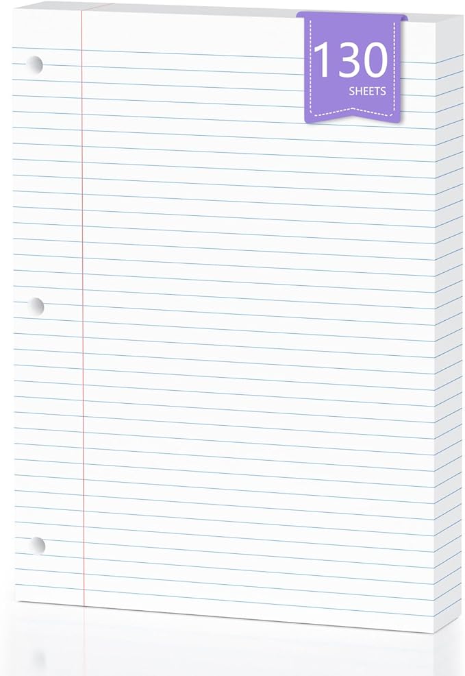 130 Sheets Loose Leaf Paper 8" x 10.5" Filler Paper College Ruled 3-Hole Punched Lined Paper Notebook Paper for 3-Ring Binders Notepad Writing Note Pads Ideal for Home, School, Office