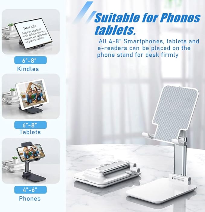 2 Pcs MT-6 Cell Phone Holder, Adjustable Angle and Height, Anti-Slip Silicone Pad, Foldable and Portable, Compatible with 4-8 Inch Devices