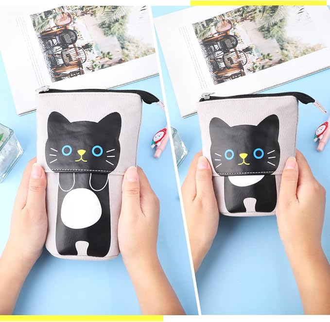iSuperb Standing Pencil Pouch Pencil Case Cute Cat Telescopic with Zipper Canvas Kwaii Cartoon Pencil Bag Stationery Box for Kids Girls Boys School Supplies 7.5 x 4.9 x 3.0inch/4.1x 3.0inch