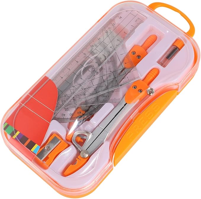 Uonlytech 1sets Student Geometry Math Set Metal Compass and Ruler Kit Eraser Sharpener and Storage Case for Drafting and Drawing for School and Office Use Random Color