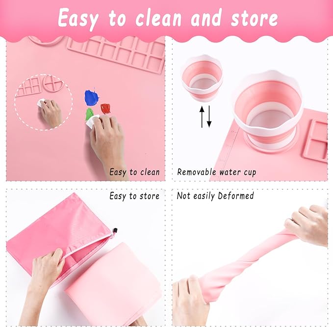 DIYDEC Silicone Craft Mat with Detachable Cup 20X16 Inch Large Silicone Painting Mat for Kids Art Supplies with 10 Painting Brushes Drawing Sheets for Adult DIY Accessories (Pink)