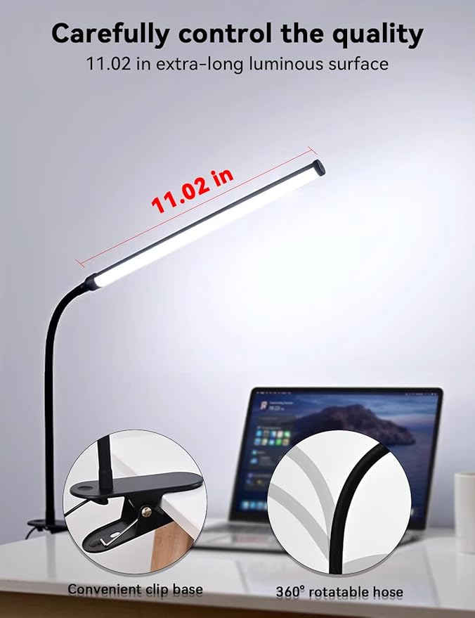 2 Pack LED Desk Lamp with Clamp,Eye-Friendly Clip on Lights for Home Office Study Reading,3 Modes 10 Brightness,Long Flexible Goose-Neck,Swing Arm Architect Task Table Lamps USB Usage