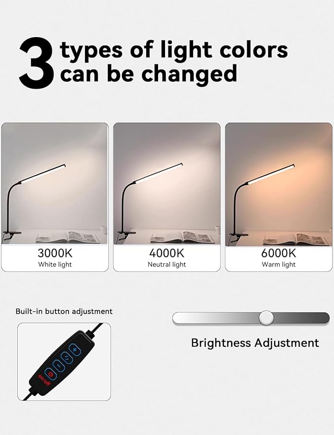 2 Pack LED Desk Lamp with Clamp,Eye-Friendly Clip on Lights for Home Office Study Reading,3 Modes 10 Brightness,Long Flexible Goose-Neck,Swing Arm Architect Task Table Lamps USB Usage