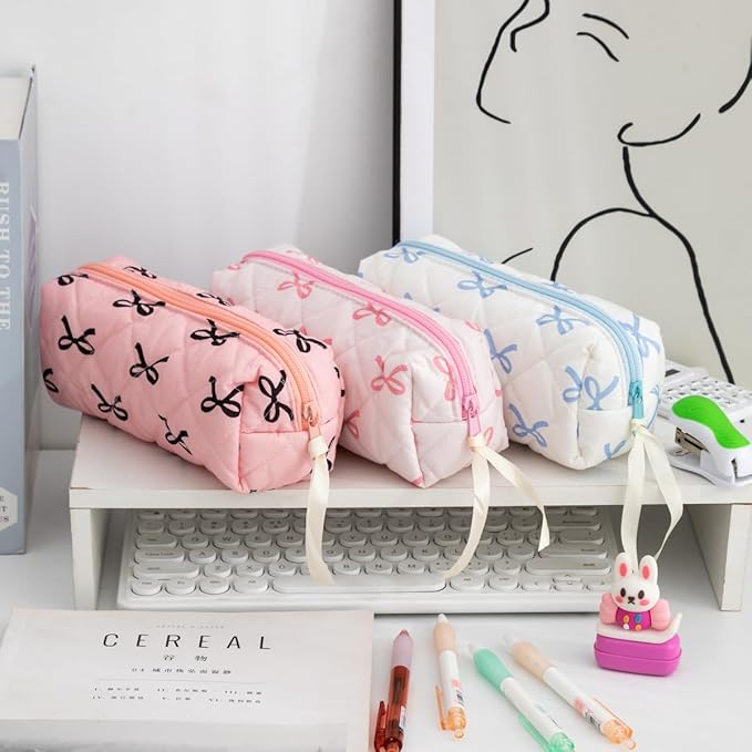 Cute Pencil Case, Bow Makeup Pouch Soft Cotton Storage Bag Travel Toiletry Organizer Zipper Pencil Case(Black Bow)