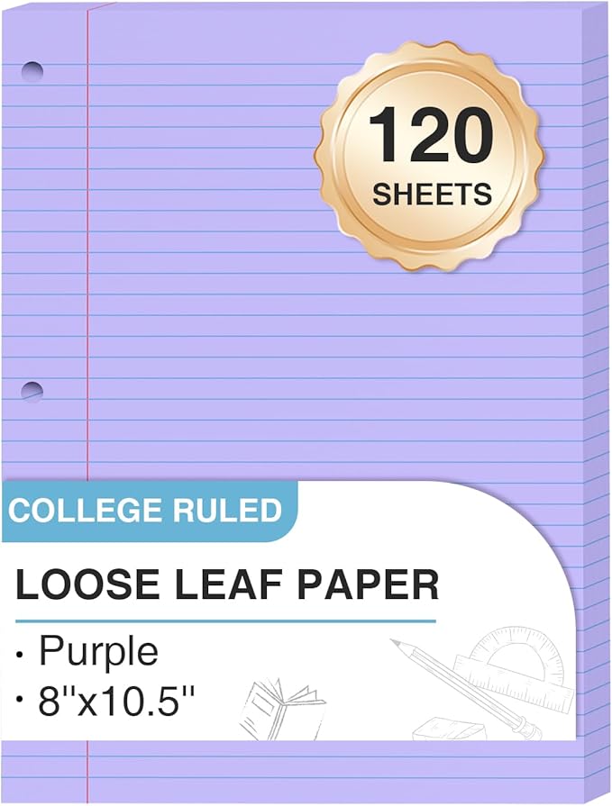 Purple Loose Leaf Paper 8 x 10.5, 120 Sheets Lined Paper College Ruled Paper, 3 Hole Punched Notebook Paper College Ruled, 3 Ring Binder Paper 8 x 10.5, Filler Paper College Ruled for Office, School