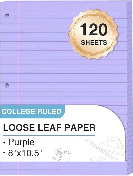 Purple Loose Leaf Paper 8 x 10.5, 120 Sheets Lined Paper College Ruled Paper, 3 Hole Punched Notebook Paper College Ruled, 3 Ring Binder Paper 8 x 10.5, Filler Paper College Ruled for Office, School